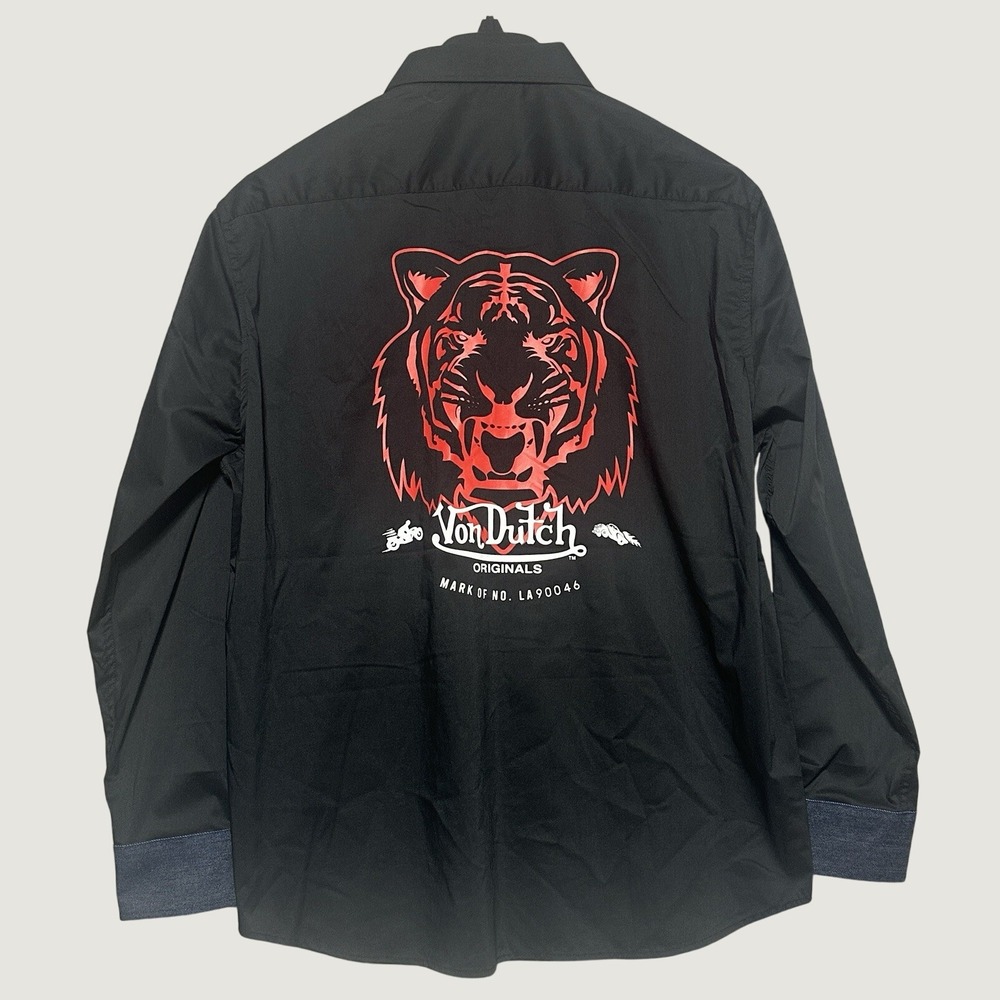 Von Dutch Tiger Graphic Shirt Mens Large Black Solid Regular Fit Y2K Streetwear